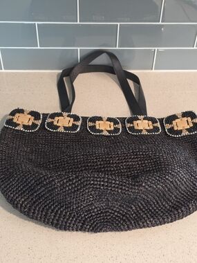 Skemo Black Straw Tote with Gold Bead Accents